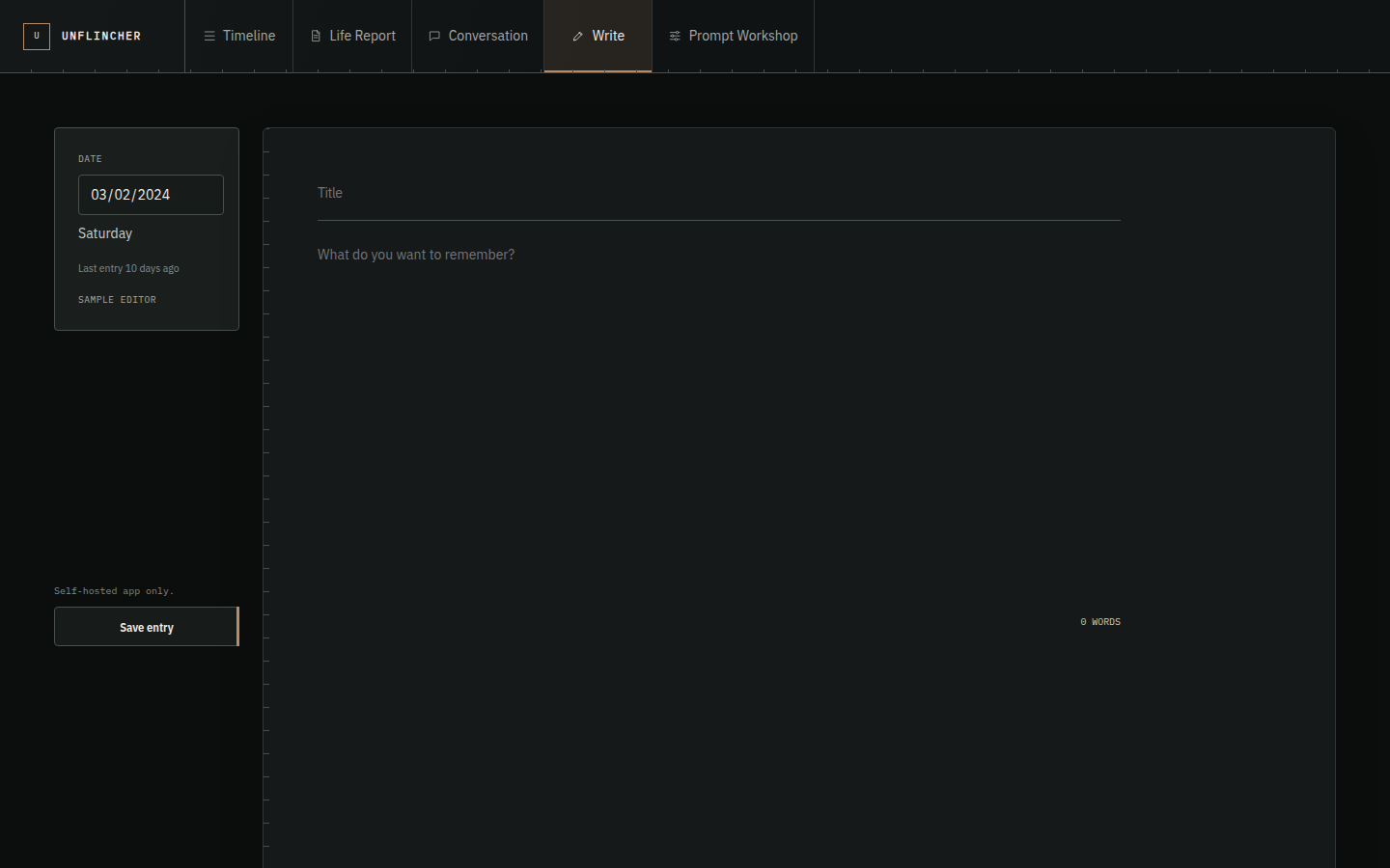 Current desktop Write page with a metadata ledger and wide journal editor.